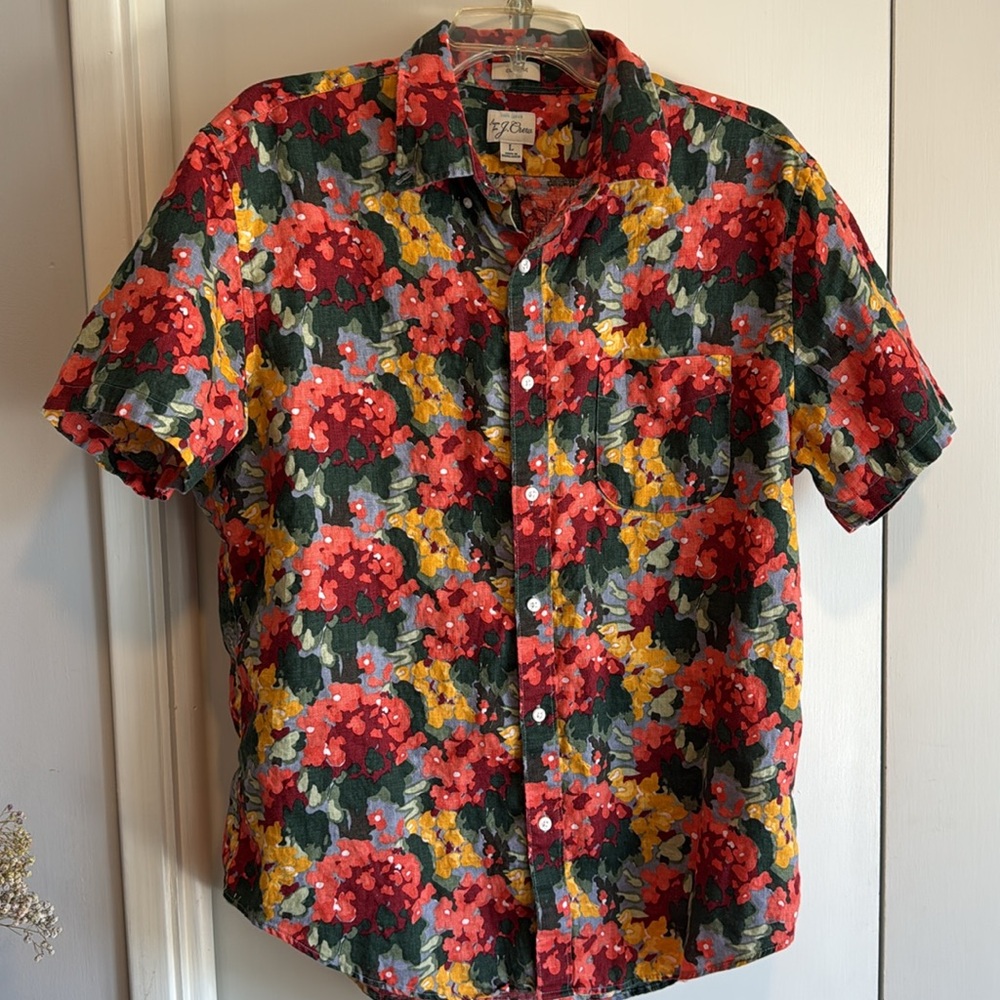 J Crew Linen Men's Floral Shirt - Red, Yellow, Green